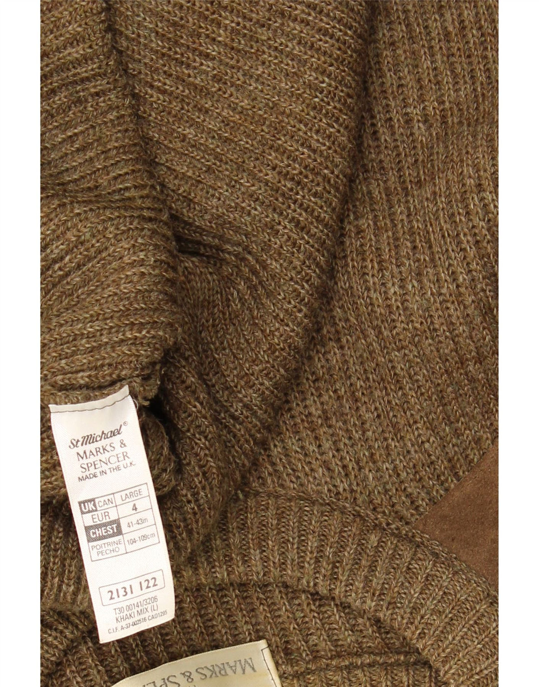 Marks & Spencer Męski sweter z okrągłym dekoltem, duża, wełniana khaki z blokami kolorów