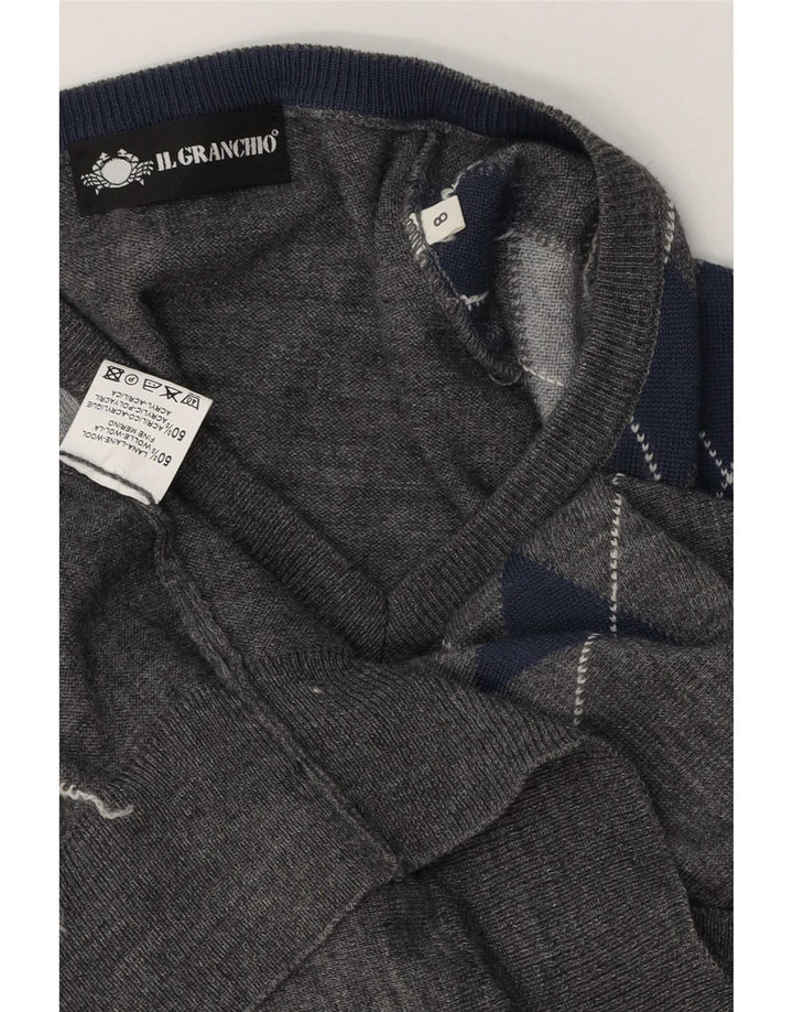 Il Granchio Męski sweter z dekoltem w kształcie litery V, duży, szary, argyle/diamentowa wełna