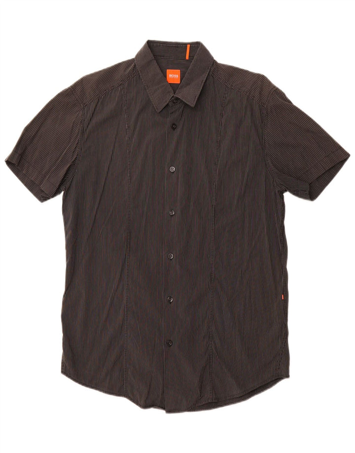 Męska koszula z krótkim rękawem HUGO BOSS, duża, szara, bawełniana w prążki