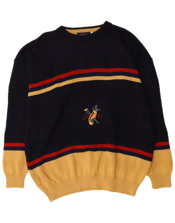 Męski sweter w stylu vintage z graficznym wycięciem pod szyją XL, granatowy, blok kolorów