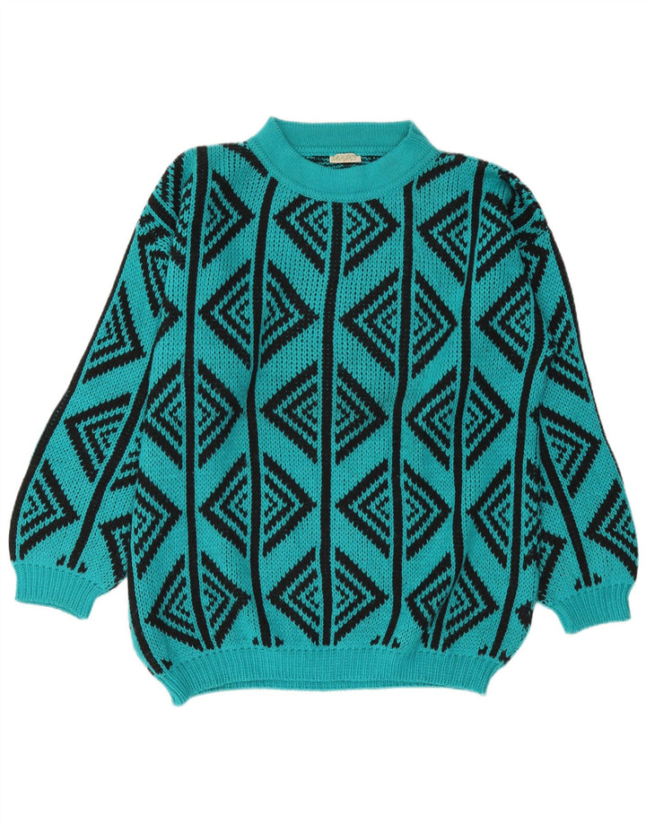 Vintage męski sweter z golfem, duża turkusowa, geometryczna wełna
