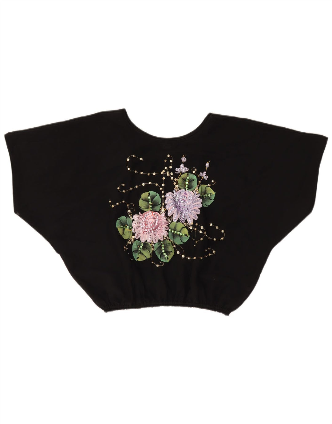 Damska bluzka w stylu vintage w kształcie skrzydła nietoperza, UK 18 XL, czarny kwiatowy poliester