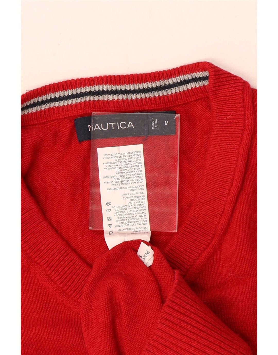 Męski sweter Nautica z dekoltem w kształcie litery V, średnio czerwony, bawełniany