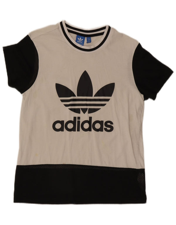 Damska koszulka z grafiką Adidas Top UK 8, mała, biała, bawełniana z blokami kolorów