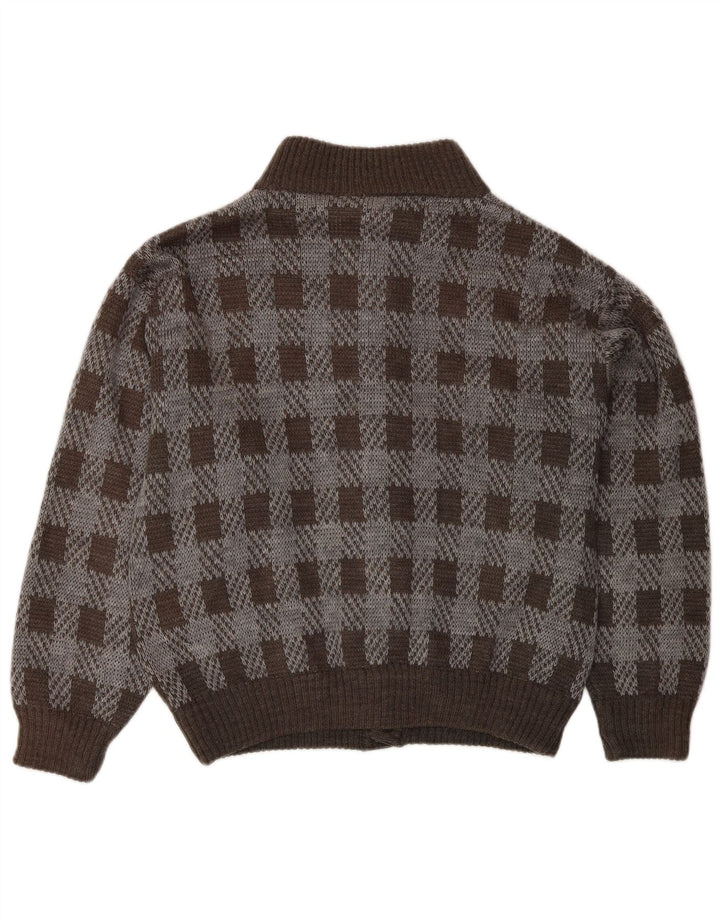 Vintage męski sweter rozpinany, średni brąz, akryl w kratkę