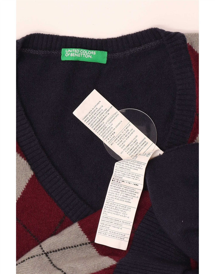Męski sweter Benetton z dekoltem w kształcie litery V, duży, granatowy, wykonany z tkaniny argyle/diamentowej wełny