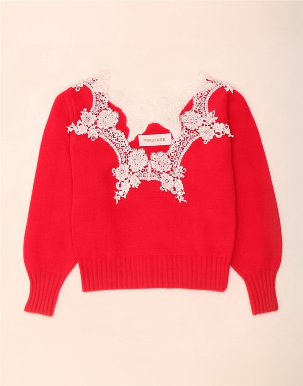 Vintage Womens Boat Neck Jumper Sweater UK 14 Medium Red Floral Acrylic