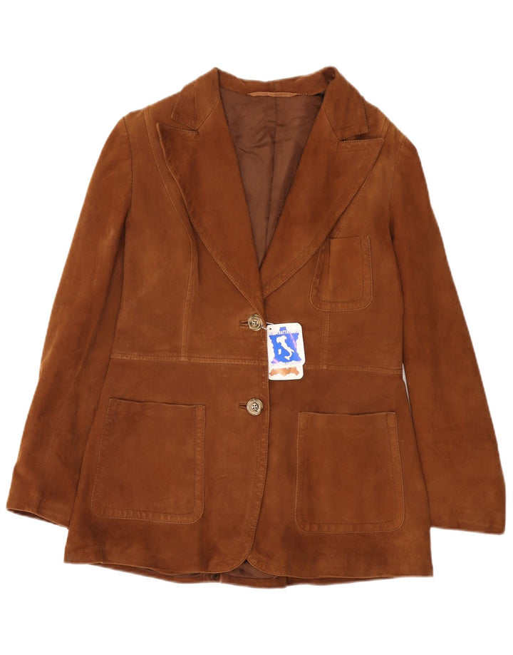 Vintage damska zamszowa marynarka zapinana na 2 guziki UK 12, średnia brązowa skóra