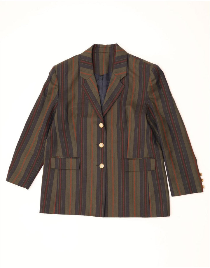 Vintage damska marynarka zapinana na 3 guziki UK 18 XL, wełna w paski khaki