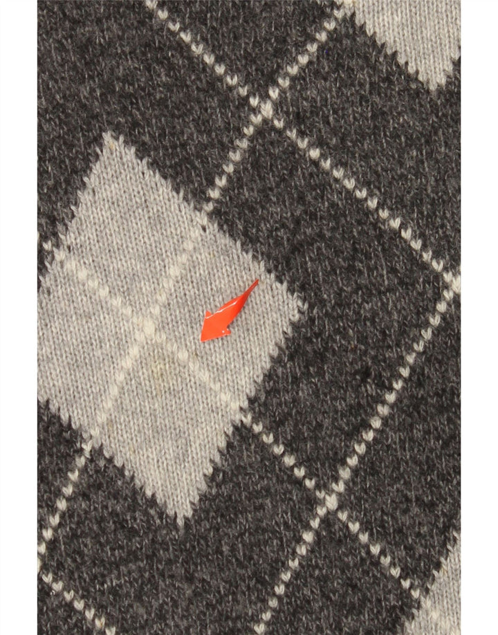 BENETTON Męski sweter z dekoltem w kształcie litery V, duży, szary, wykonany z tkaniny argyle/diamentowej wełny