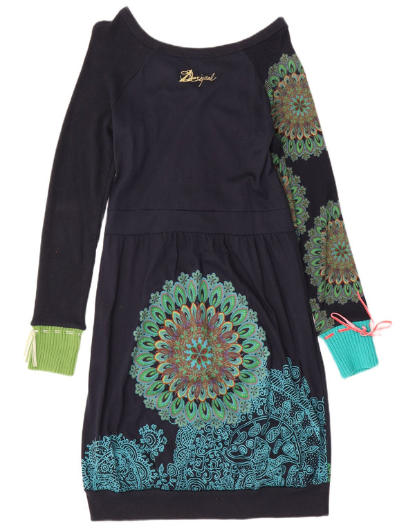 Desigual damska sukienka bąbelkowa z długim rękawem UK 14, duża, granatowa paisley