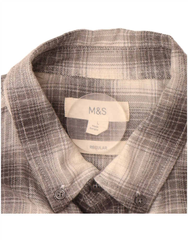 MARKS & SPENCER Męska koszula flanelowa o regularnym kroju, duża, szara, bawełniana w kratę