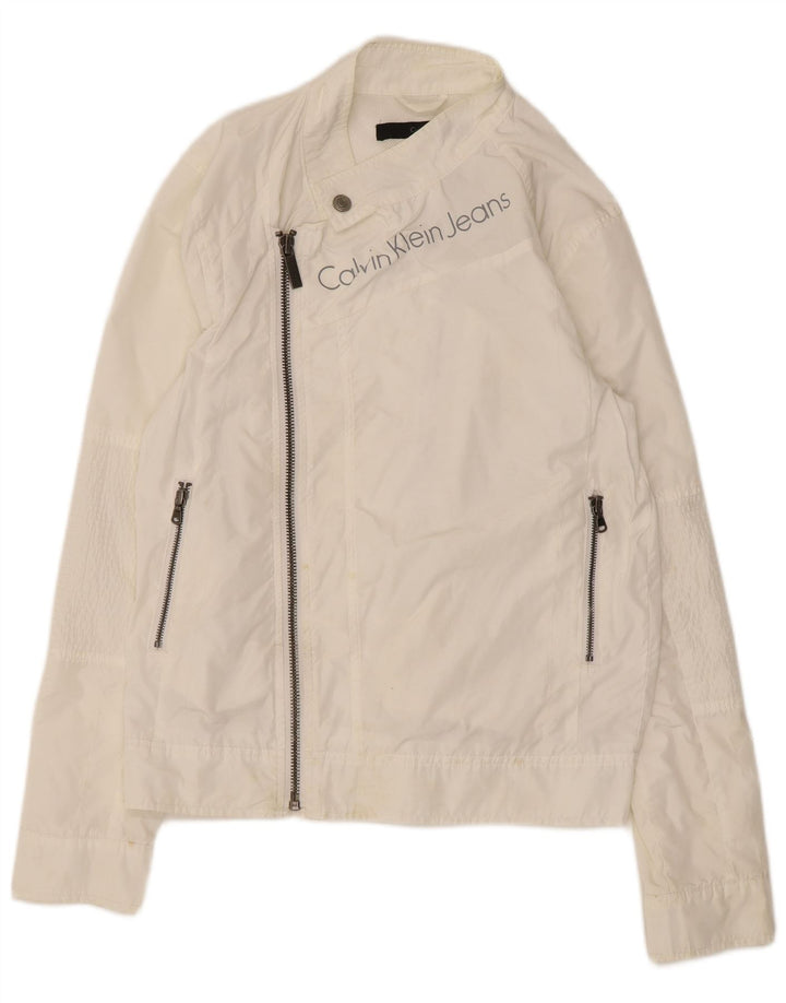 Damska kurtka przeciwdeszczowa Calvin Klein Jeans Graphic UK 10, mała, biała, poliestrowa