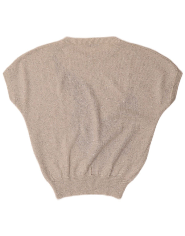 Sweter damski VINTAGE z dekoltem w łódkę UK 16, duży, w kolorze złamanej bieli, w kwiaty