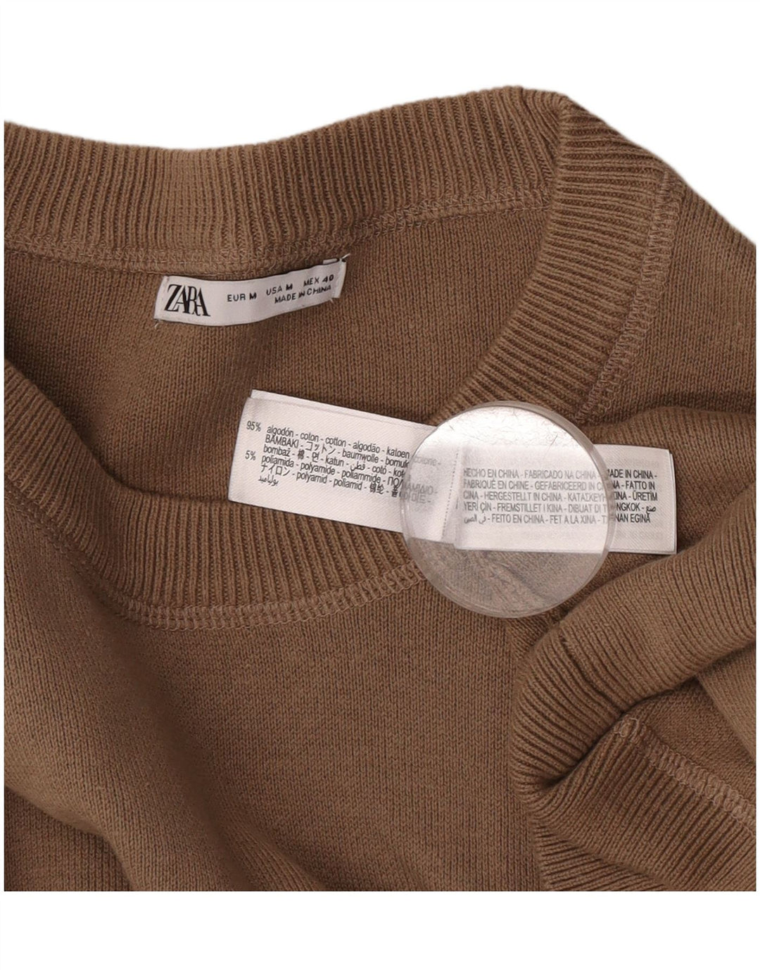 Męski sweter z okrągłym dekoltem Zara Średni brązowy bawełniany