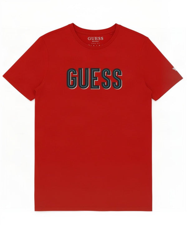 Męski T-shirt Guess o dopasowanym kroju z grafiką, top XS, czerwony, bawełniany