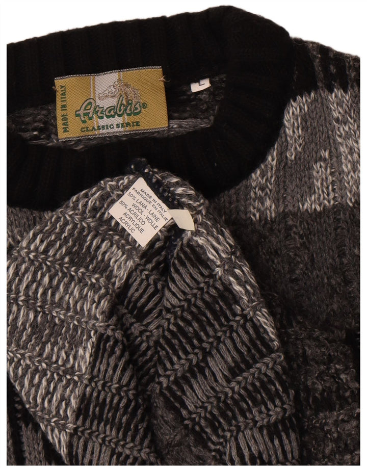 Vintage męski sweter z okrągłym dekoltem, duży, szary, wełniany jodełka