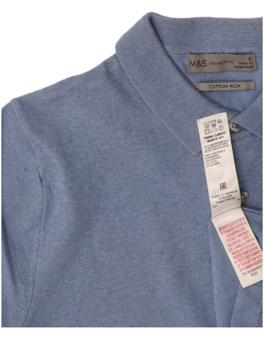 MARKS & SPENCER Mens Short Sleeve Polo Neck Jumper Sweater Small Blue