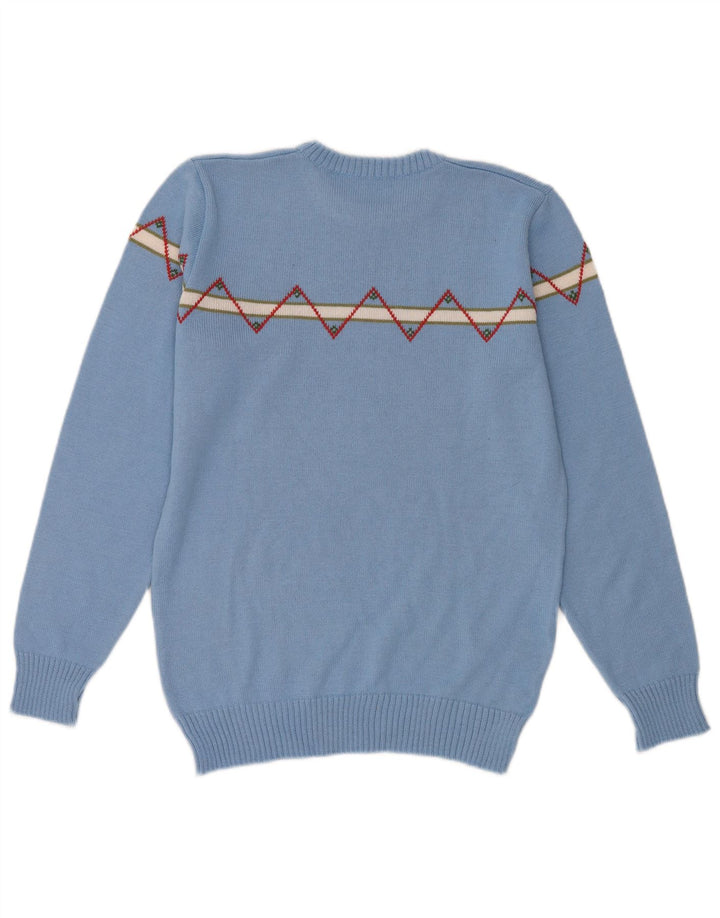 Vintage męski sweter z okrągłym dekoltem, mały, niebieski, geometryczny wełniany