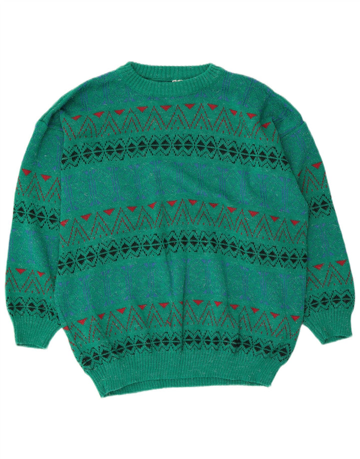 Vintage męski sweter z okrągłym dekoltem, średnio zielony, geometryczny akryl