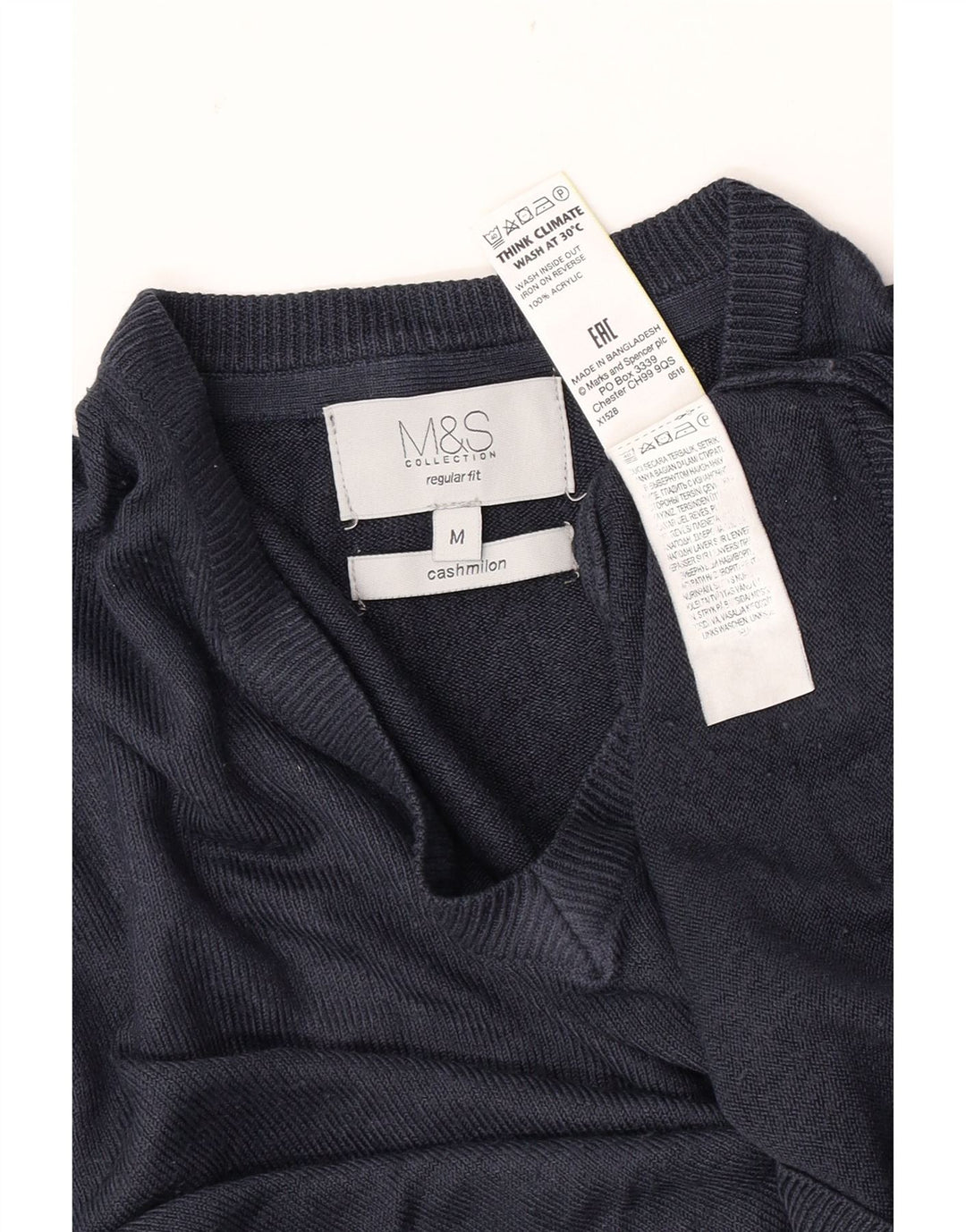 Męski sweter Marks & Spencer o regularnym kroju z dekoltem w kształcie litery V, średni granatowy