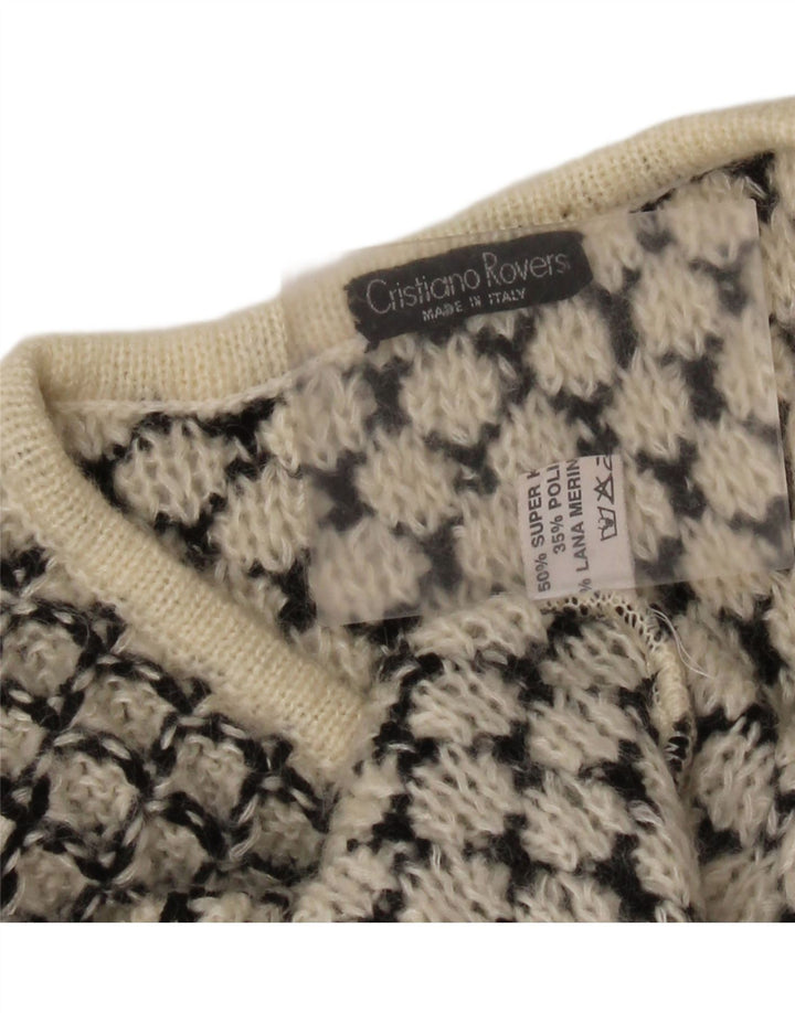 Sweter damski w stylu vintage z dekoltem w kształcie litery V, UK 14, średni, złamany biały geometryczny