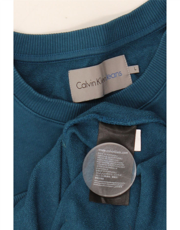 CALVIN KLEIN JEANS Męski sweter z grafiką, duży, niebieski, bawełniany