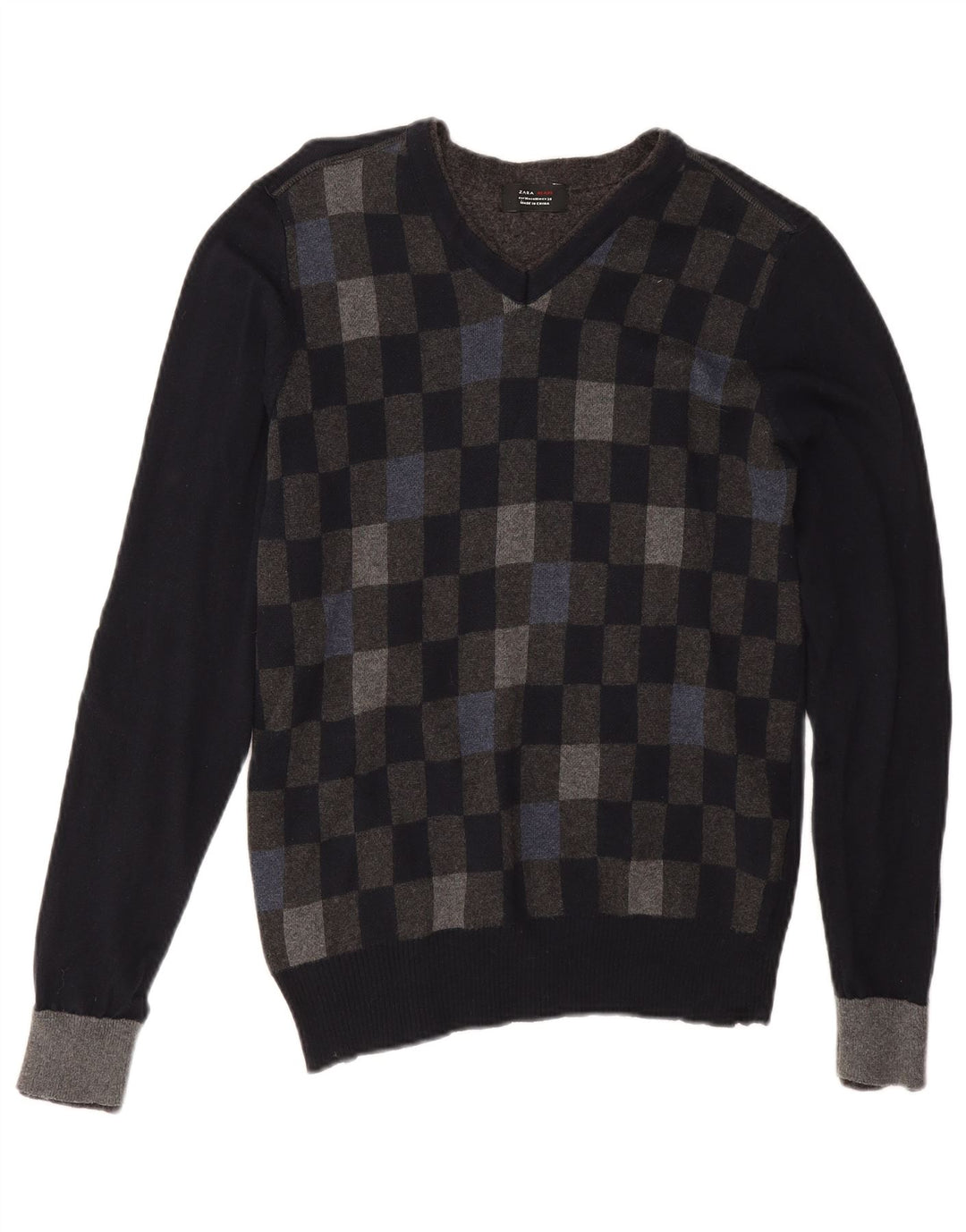 Męski sweter Zara z dekoltem w kształcie litery V, średniej czarnej, geometrycznej bawełny
