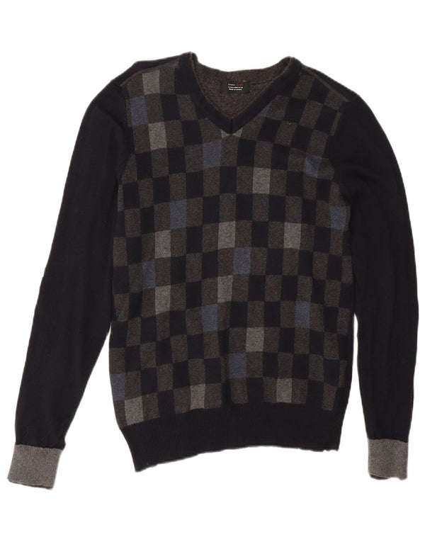 Męski sweter Zara z dekoltem w kształcie litery V, średniej czarnej, geometrycznej bawełny