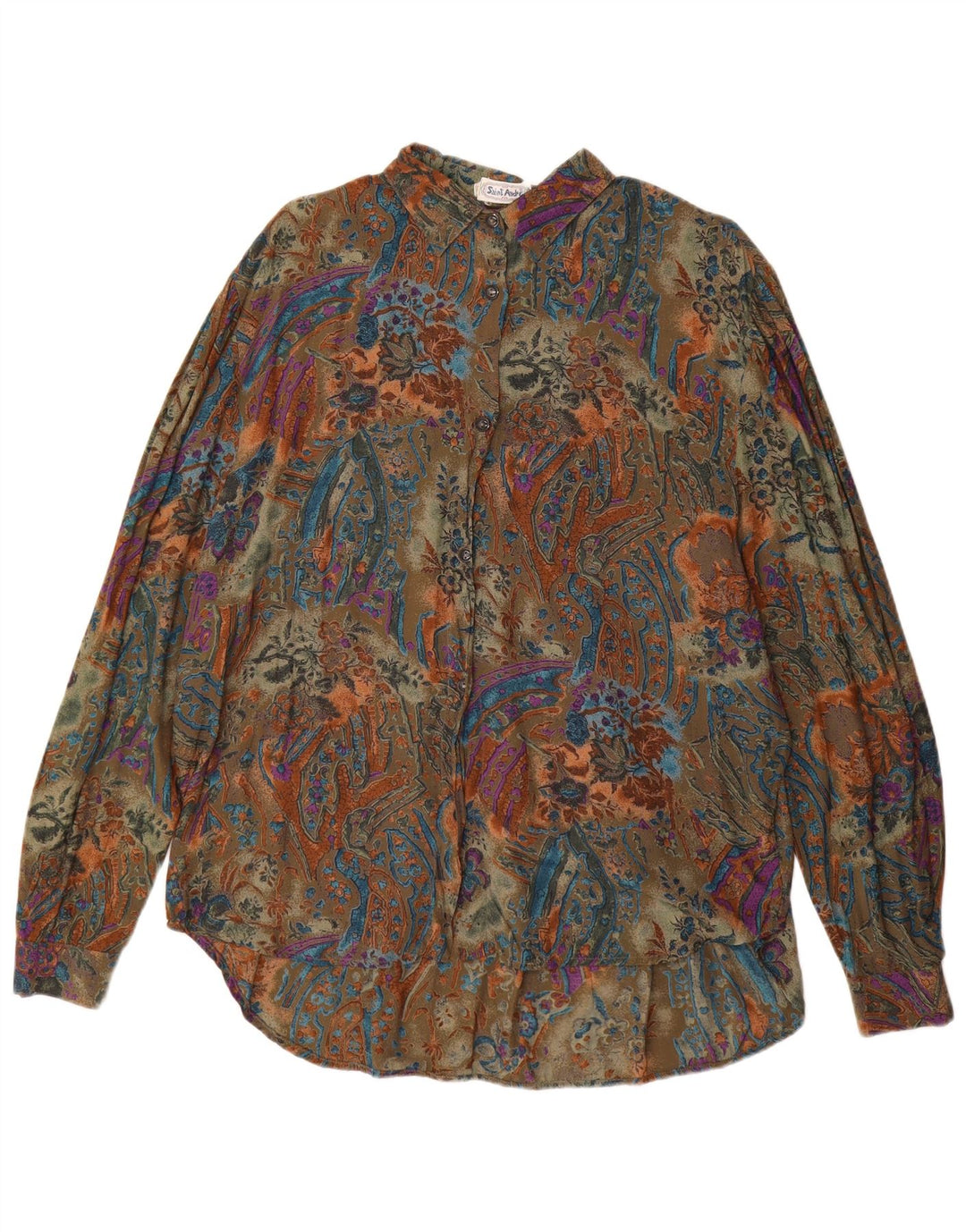 Vintage damska, długa, oversize'owa bluzka koszulowa UK 14, średnia, zielona paisley