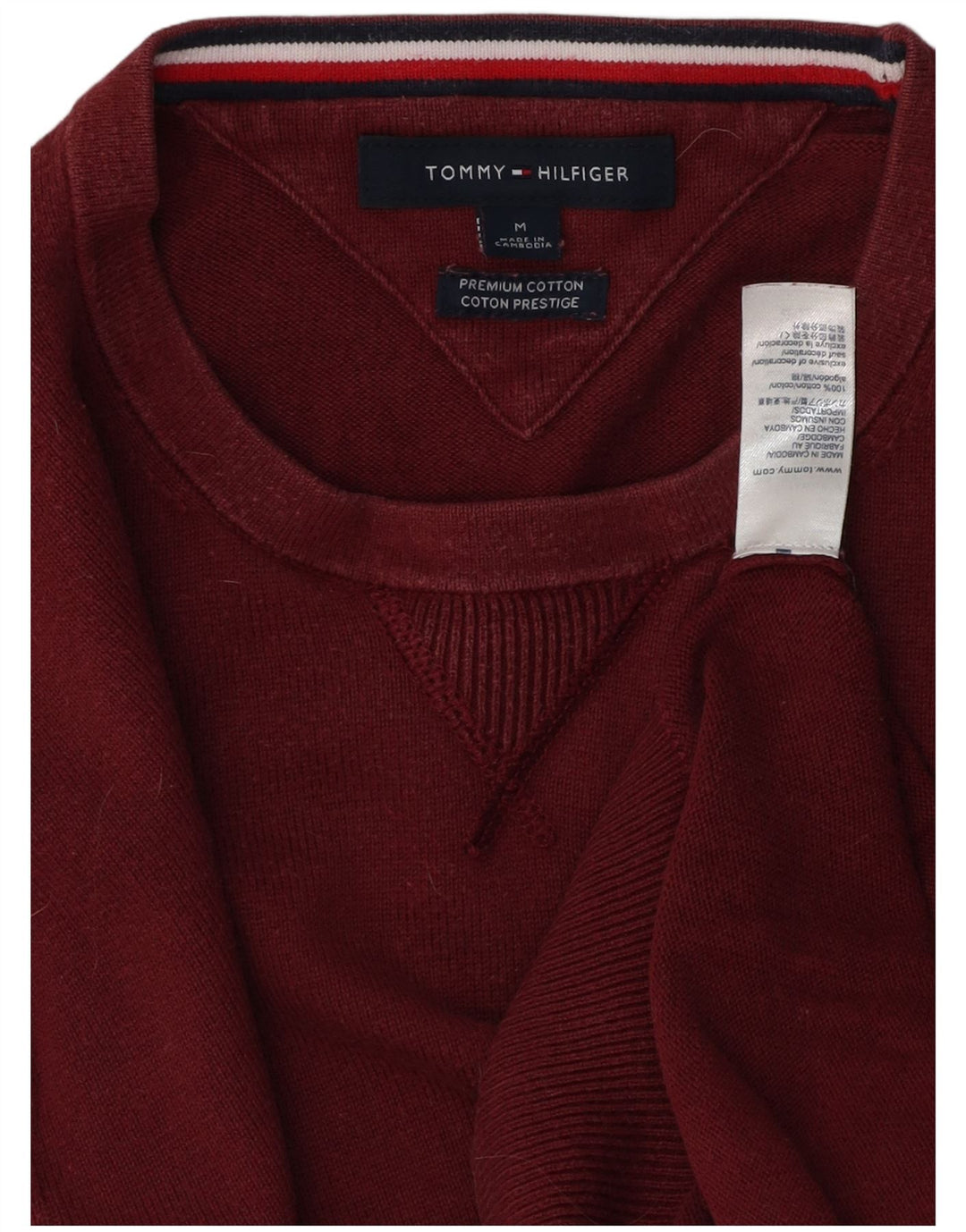 TOMMY HILFIGER Męski sweter z okrągłym dekoltem, średniej wielkości bordowa bawełna