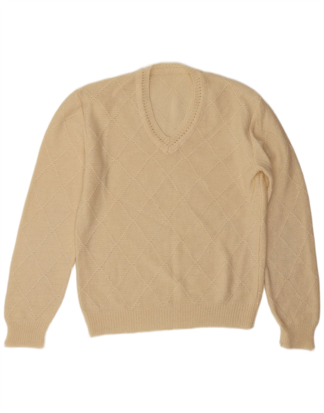 Vintage męski sweter z dekoltem w kształcie litery V, duży, w kolorze złamanej bieli Argyle/diament
