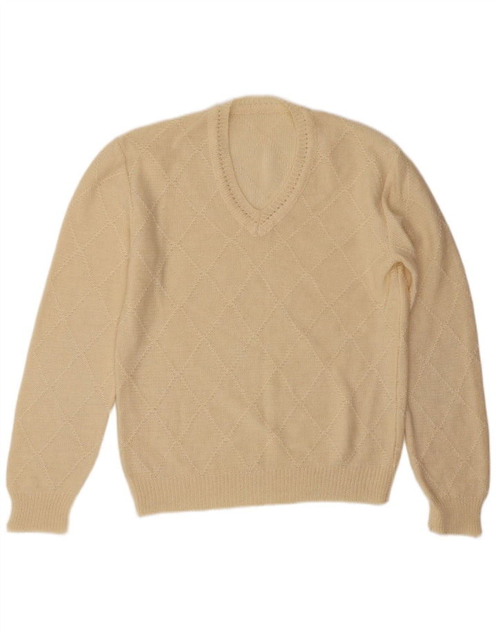 Vintage męski sweter z dekoltem w kształcie litery V, duży, w kolorze złamanej bieli Argyle/diament