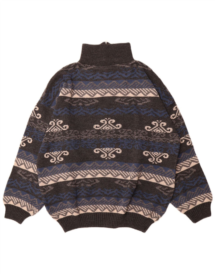 C & A Mens Zip Neck Jumper Sweater XL Grey Fair Isle Acrylic