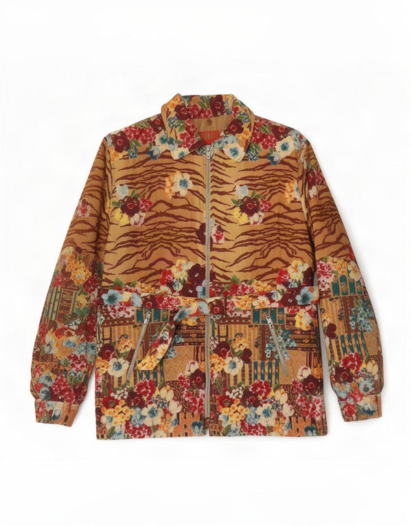 Damska kurtka bomberka Jungle Kenzo UK 16, duża, beżowa, w kwiaty, bawełniana, retro
