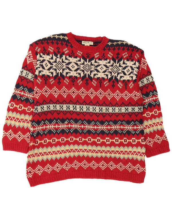 Damski sweter z okrągłym dekoltem Eddie Bauer UK 18 XL Czerwony Fair Isle Cotton