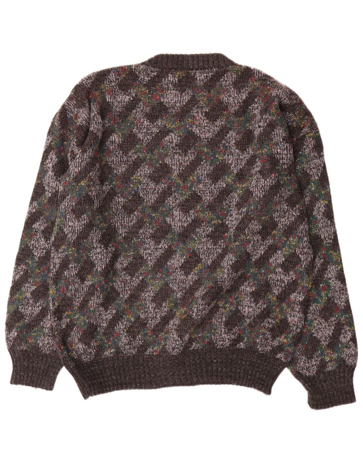 Vintage męski sweter z okrągłym dekoltem, duży, szary, argyle/diamentowa wełna