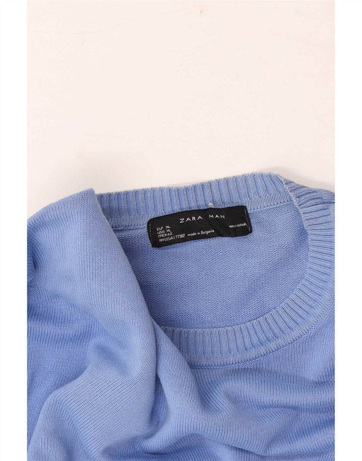 Męski sweter z okrągłym dekoltem Zara XL, niebieski, bawełniany