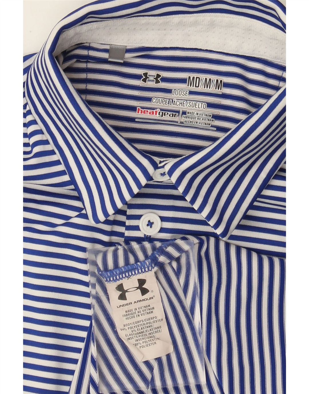 Męska koszulka polo Under Armour Heat Gear w kolorze średniego niebieskiego, z poliestru w prążki
