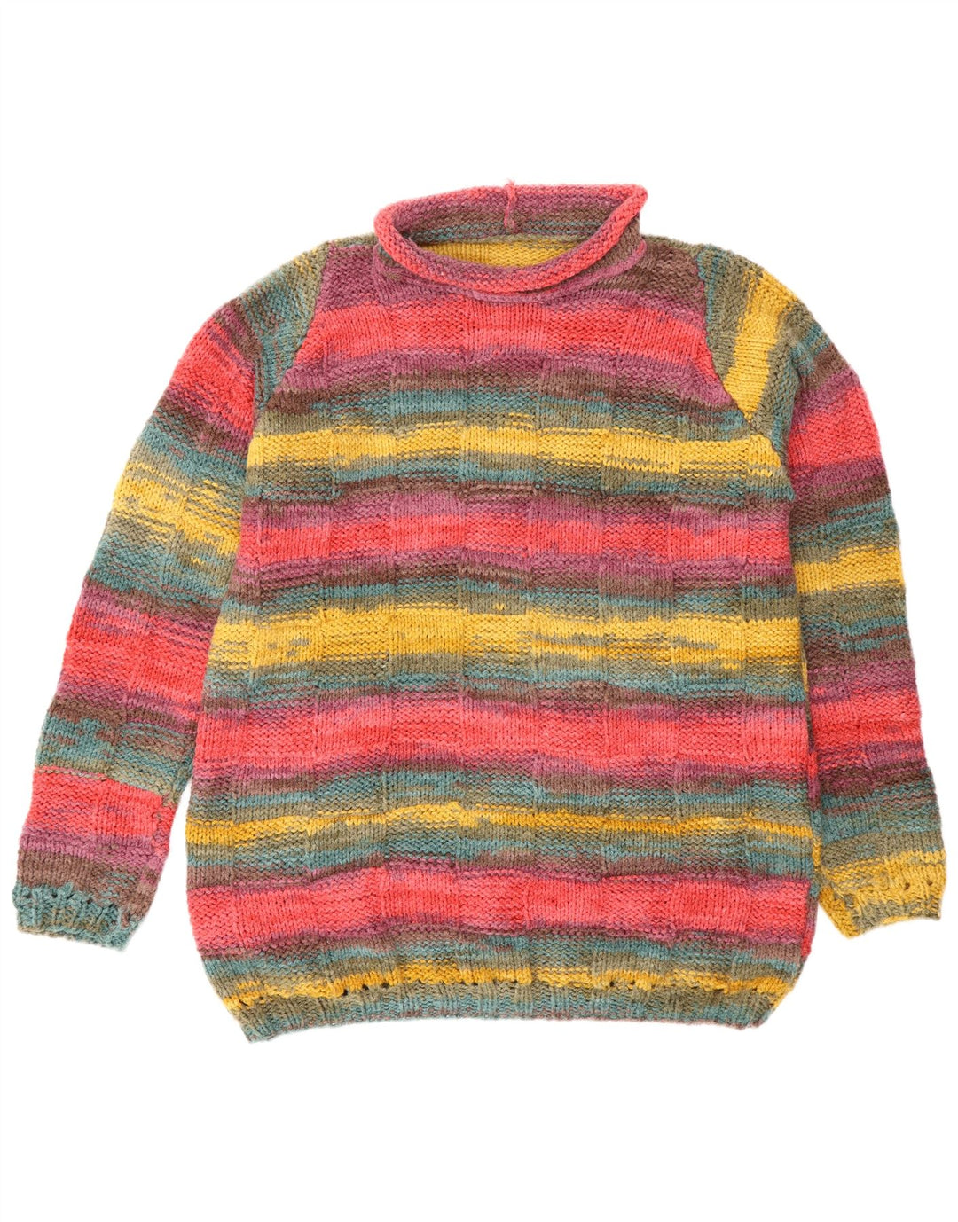 Vintage męski sweter z wywijanym dekoltem, duże, wielokolorowe paski