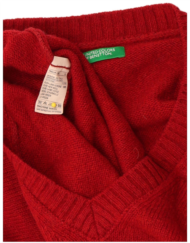 Męski sweter z dekoltem w serek Benetton, duży, czerwony, nowa wełna