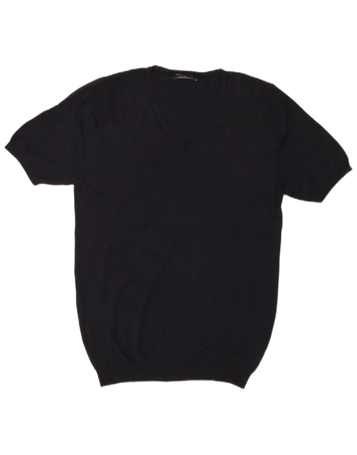 Męski sweter Zara Basic z krótkim rękawem i dekoltem w kształcie litery V, duży, granatowy, wiskozowy