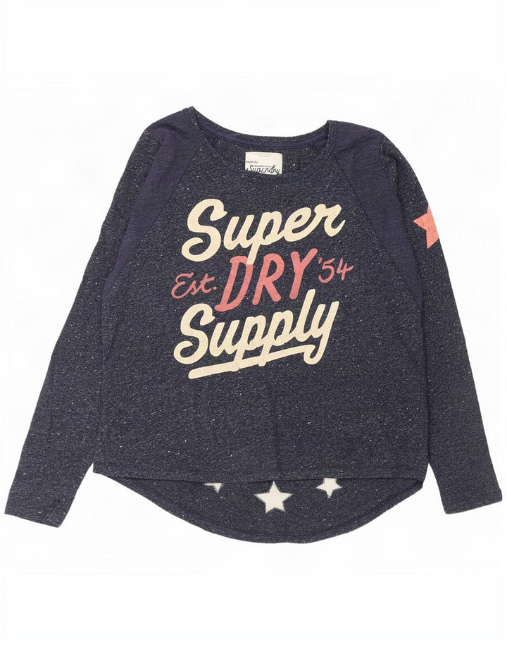 Damski top graficzny Superdry z długim rękawem, UK 14, średni granatowy nakrapiany