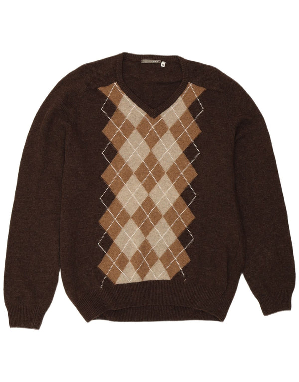Vintage męski sweter z dekoltem w kształcie litery V, XL, brązowy, argyle/diamentowa wełna