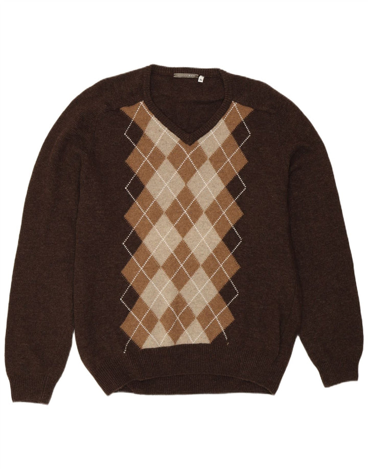 Vintage męski sweter z dekoltem w kształcie litery V, XL, brązowy, argyle/diamentowa wełna