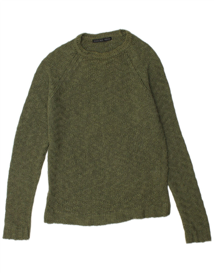 Męski sweter ZARA z okrągłym dekoltem, duży, bawełniany khaki