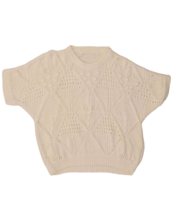 Sweter damski VINTAGE z krótkim rękawem i okrągłym dekoltem UK 18 XL, biała bawełna