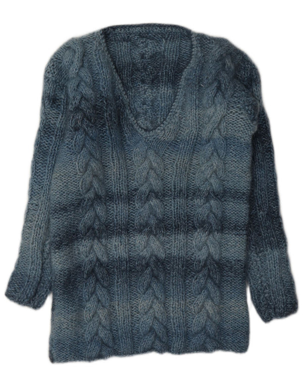 Sweter damski w stylu vintage z dekoltem w kształcie litery V, UK 12, średnie niebieskie paski