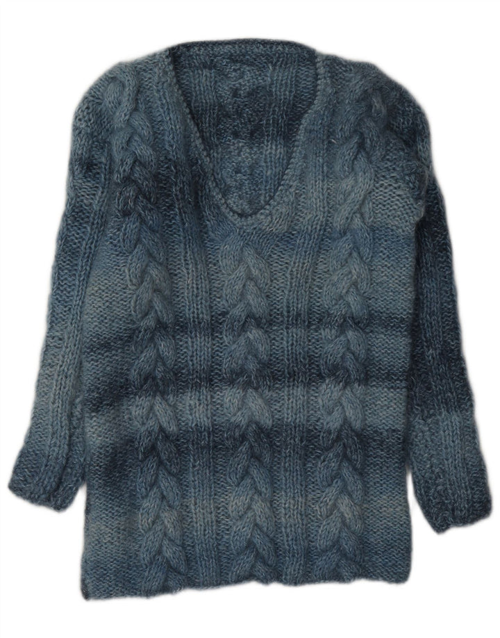 Sweter damski w stylu vintage z dekoltem w kształcie litery V, UK 12, średnie niebieskie paski