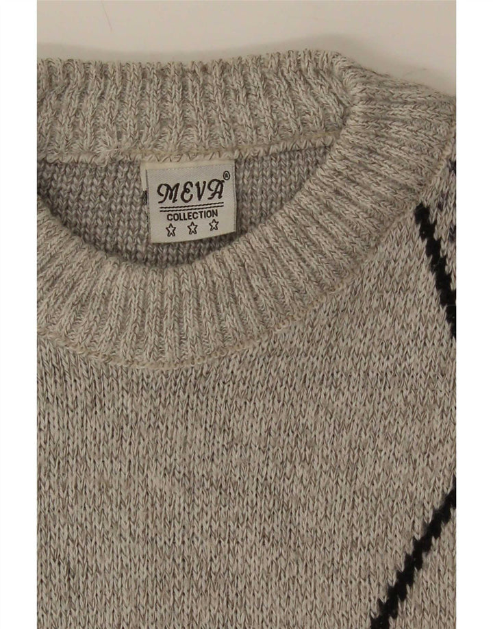 Vintage męski sweter z okrągłym dekoltem, duży, szary, geometryczny wełniany
